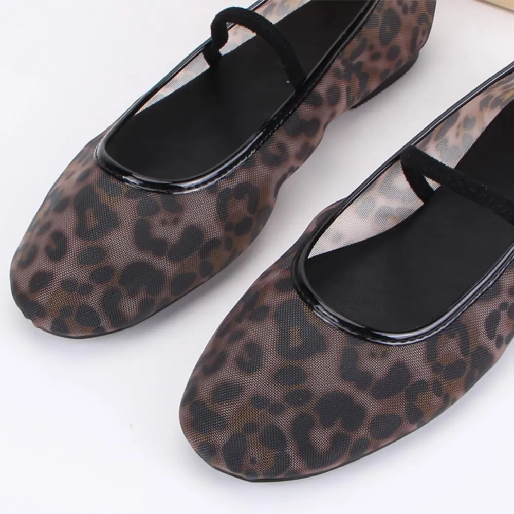 Cheetah Mesh Ballet Flats for Women Leopard Print Mary Jane Shoes Round Toe Spring Summer Comfort Footwear