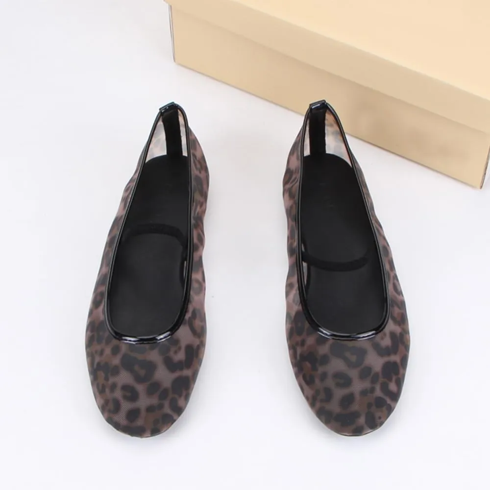 Cheetah Mesh Ballet Flats for Women Leopard Print Mary Jane Shoes Round Toe Spring Summer Comfort Footwear