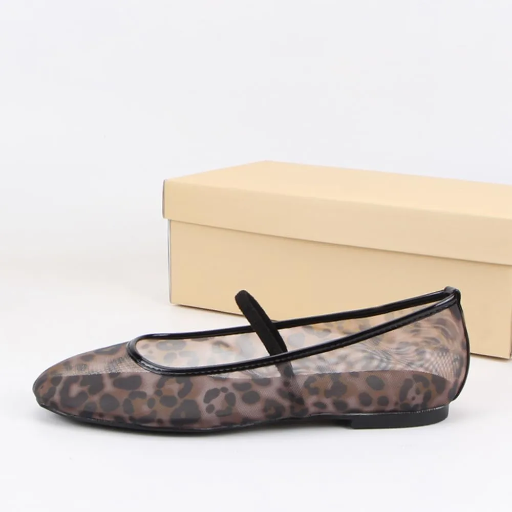 Cheetah Mesh Ballet Flats for Women Leopard Print Mary Jane Shoes Round Toe Spring Summer Comfort Footwear