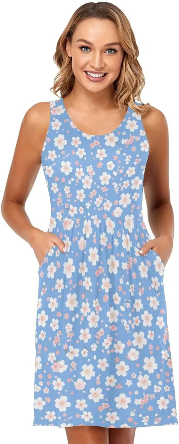 Cherry Blossoms Women Dresses Loose Sleeveless Party Tshirt Sundresses Casual