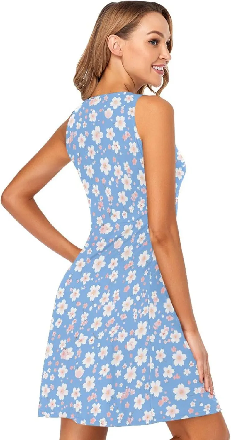 Cherry Blossoms Women Dresses Loose Sleeveless Party Tshirt Sundresses Casual