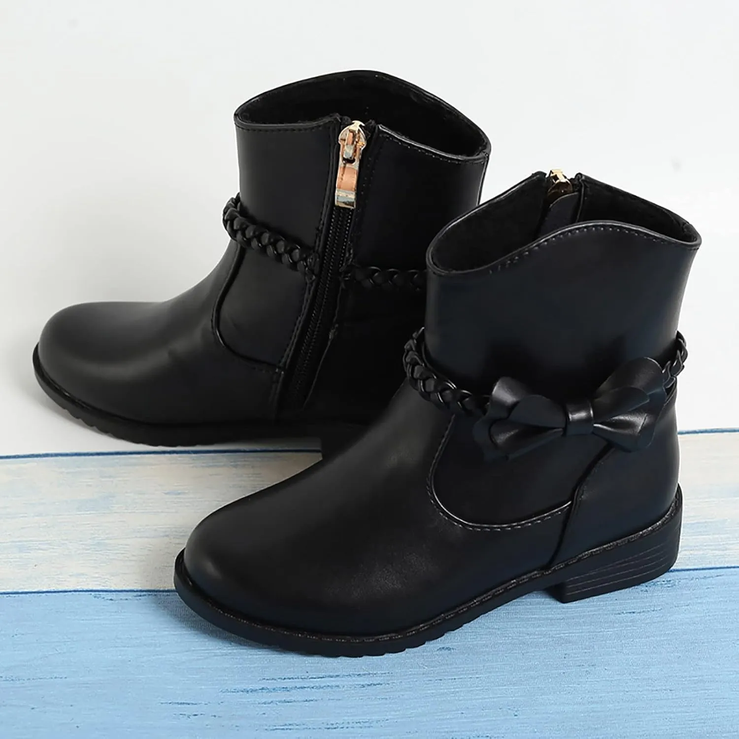 Childrens Leather Side Zipper Booties With Bows Kids Girls 𝐖aterproof Ankle Boots Toddler Light Cozy Shoes