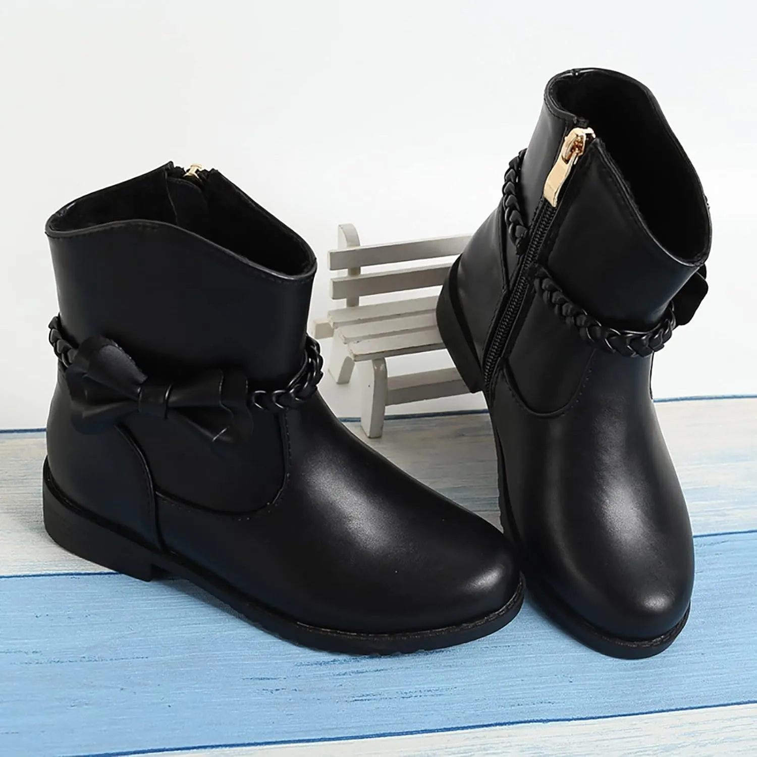Childrens Leather Side Zipper Booties With Bows Kids Girls 𝐖aterproof Ankle Boots Toddler Light Cozy Shoes