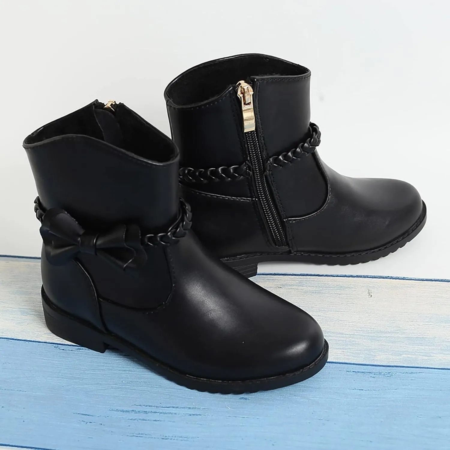 Childrens Leather Side Zipper Booties With Bows Kids Girls 𝐖aterproof Ankle Boots Toddler Light Cozy Shoes