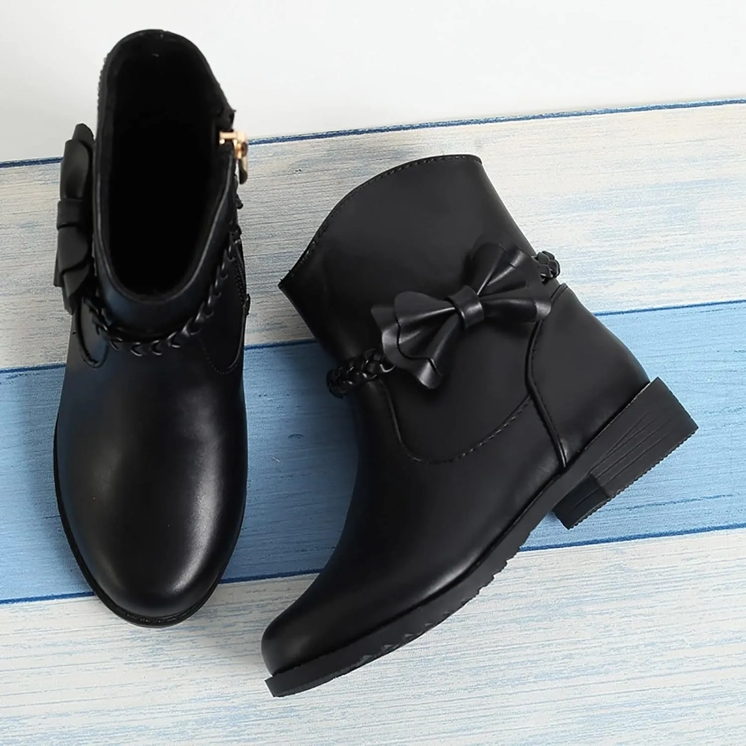 Childrens Leather Side Zipper Booties With Bows Kids Girls 𝐖aterproof Ankle Boots Toddler Light Cozy Shoes