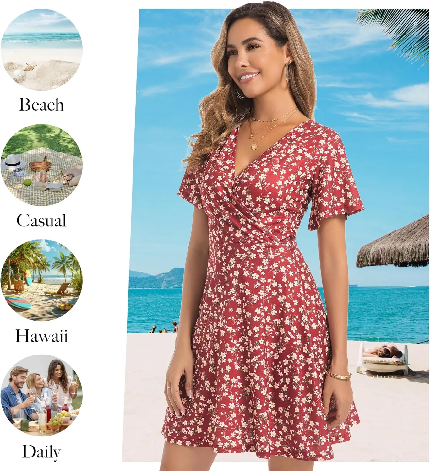 ChongBaiJia 3 Piece Womens Sundress Summer Floral Short Sleeve Wrap V Neck A-Line Midi Casual Vacation Dresses 2025