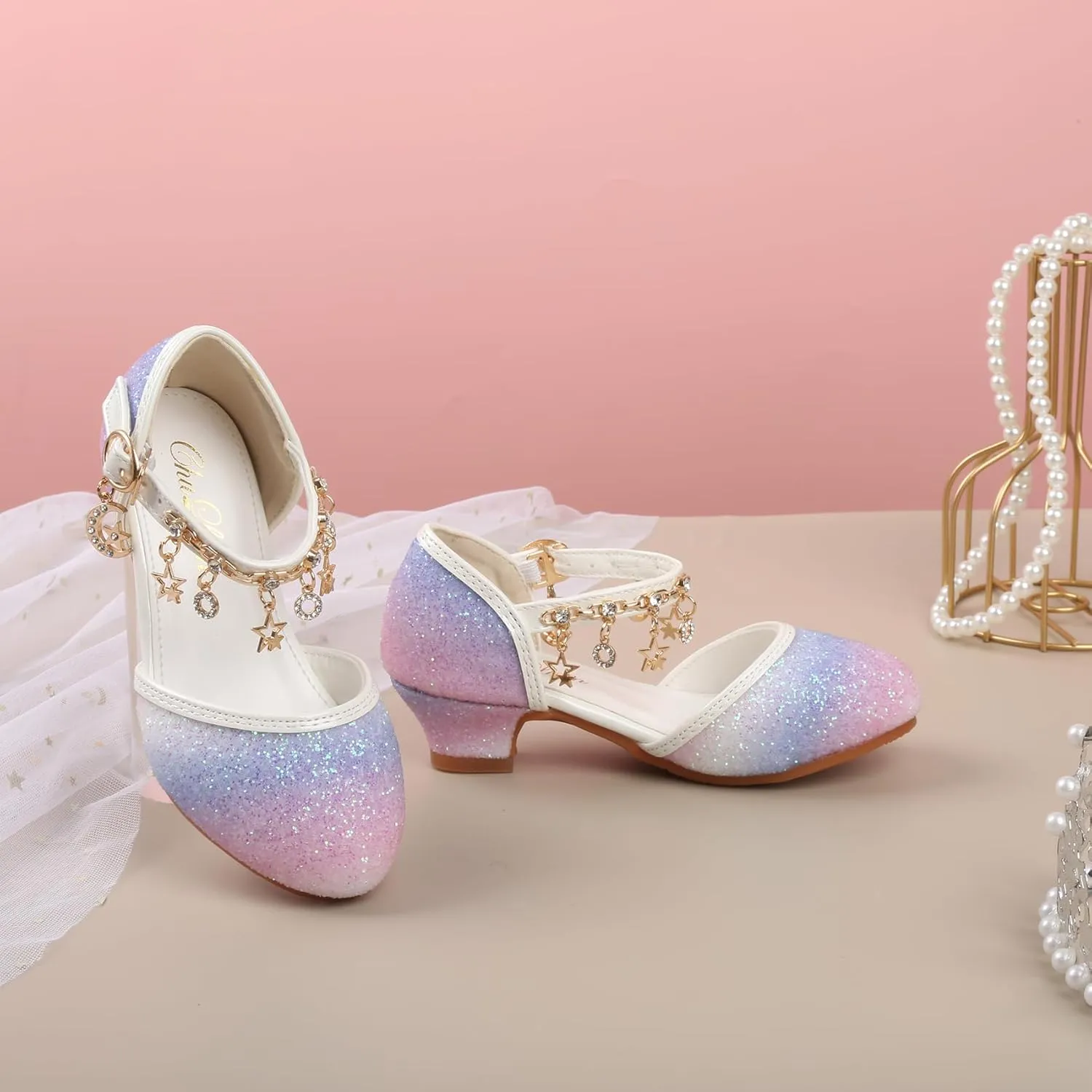 ChuLian Girls Dress Shoes Glitter Sequins Princess Low Heels Party Dance Shoes Party Wedding Flower Girls Sandals