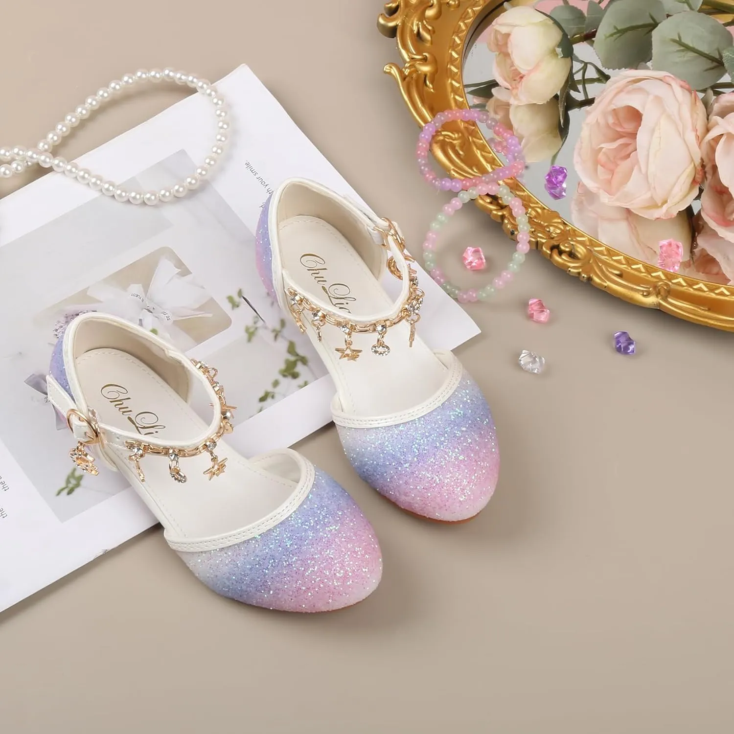 ChuLian Girls Dress Shoes Glitter Sequins Princess Low Heels Party Dance Shoes Party Wedding Flower Girls Sandals