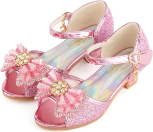 ChuLian Girls Dress Shoes Princess High Heels Sparkly Bow Dress Sandals Party Wedding Flower Girls Shoes Toddler Little Big Kid