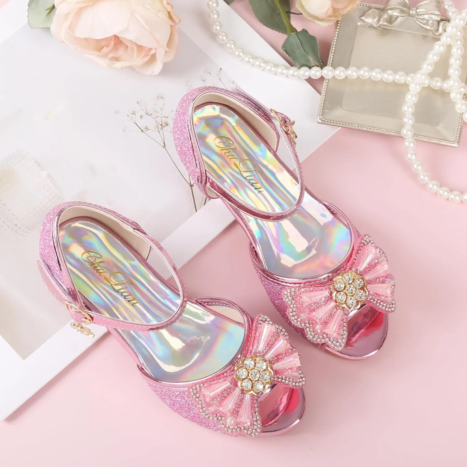 ChuLian Girls Dress Shoes Princess High Heels Sparkly Bow Dress Sandals Party Wedding Flower Girls Shoes Toddler Little Big Kid