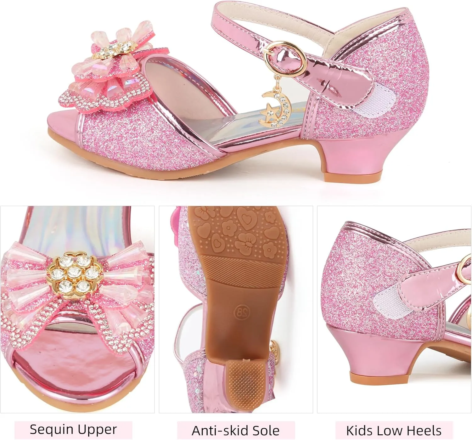 ChuLian Girls Dress Shoes Princess High Heels Sparkly Bow Dress Sandals Party Wedding Flower Girls Shoes Toddler Little Big Kid