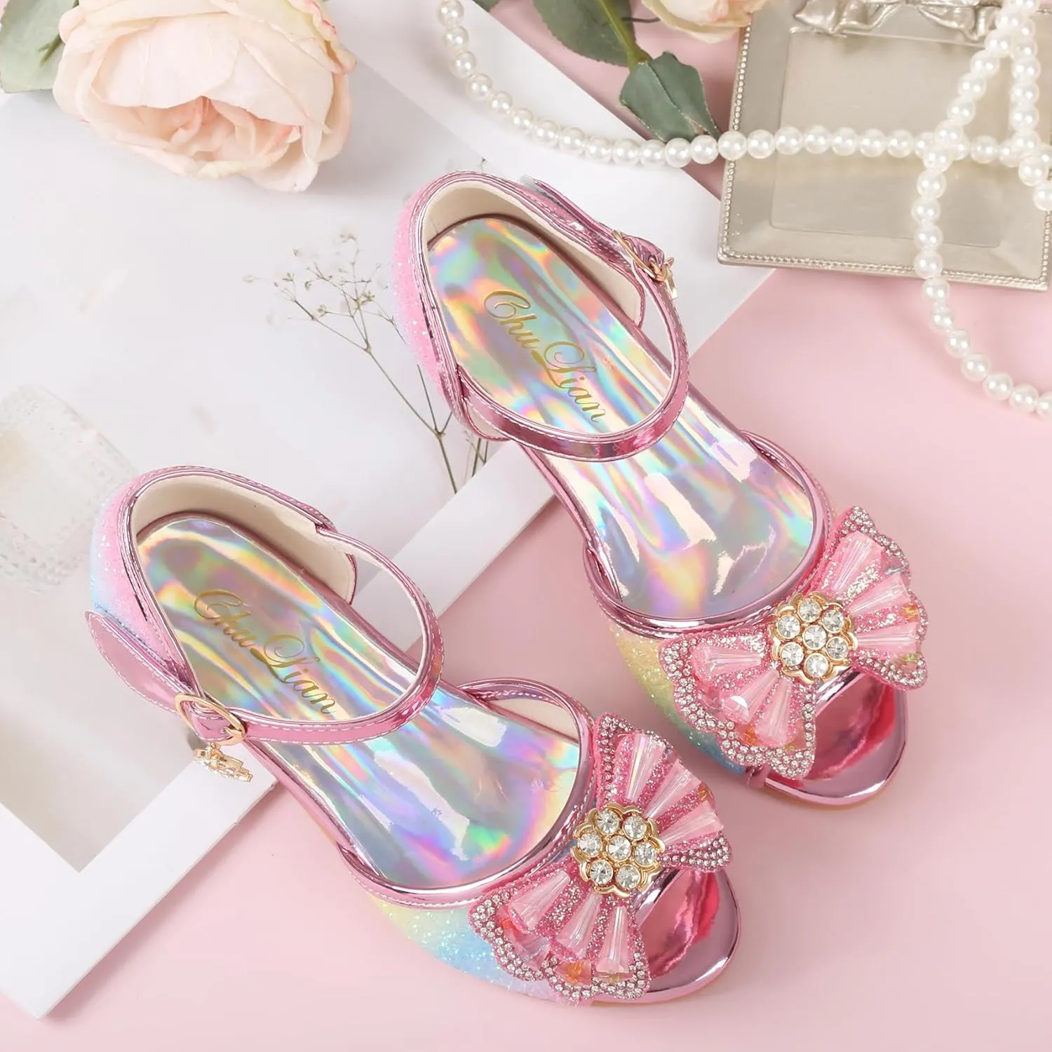 ChuLian Girls Dress Shoes Princess High Heels Sparkly Bow Dress Sandals Party Wedding Flower Girls Shoes Toddler Little Big Kid