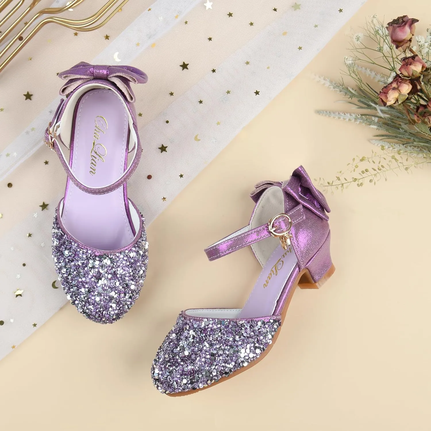 ChuLian Girls Sandals Little Kids Glitter Bow Dress Shoes Crystal Low Heel Sequins Princess Sandals Toddler Flower Wedding Party Shoes