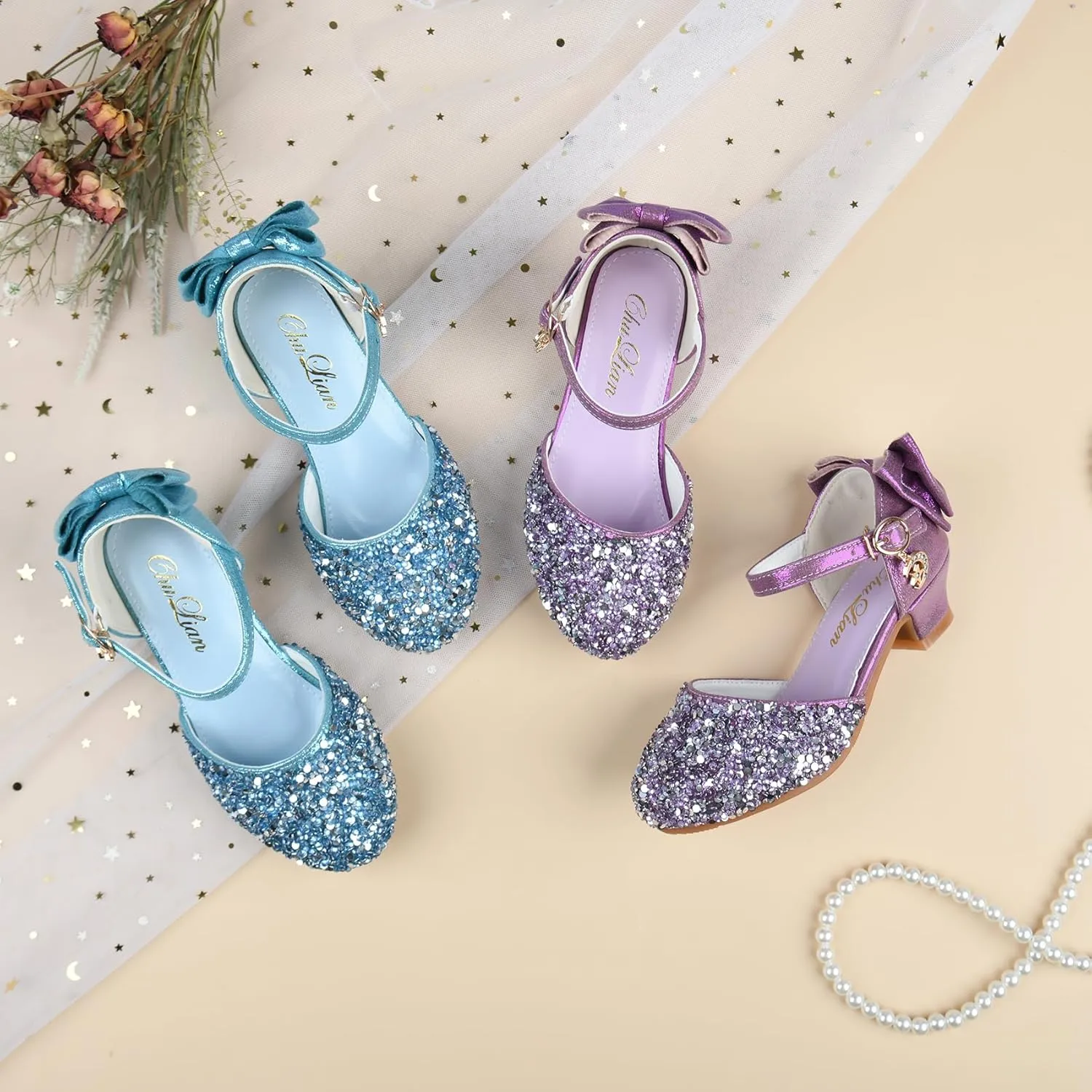 ChuLian Girls Sandals Little Kids Glitter Bow Dress Shoes Crystal Low Heel Sequins Princess Sandals Toddler Flower Wedding Party Shoes