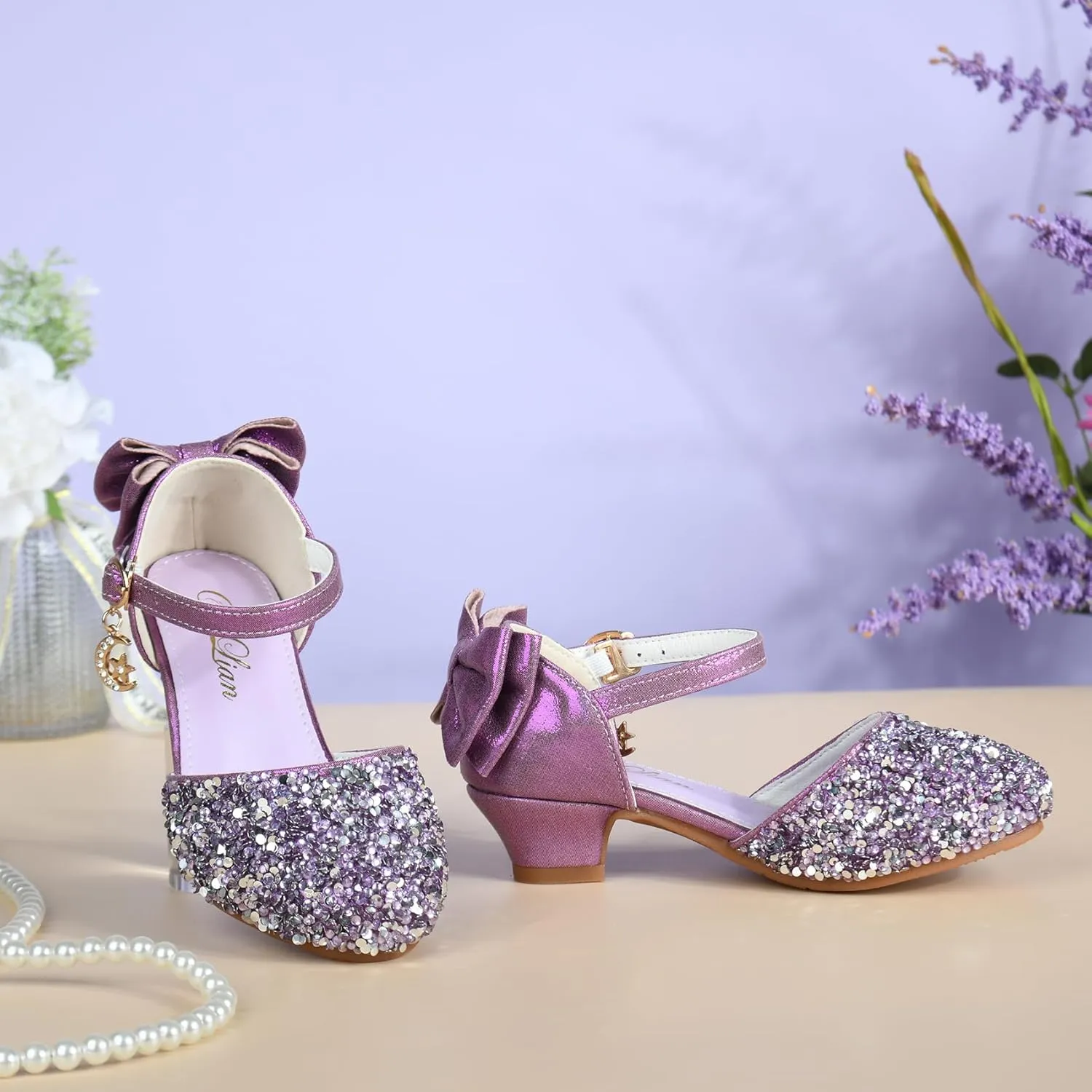 ChuLian Girls Sandals Little Kids Glitter Bow Dress Shoes Crystal Low Heel Sequins Princess Sandals Toddler Flower Wedding Party Shoes