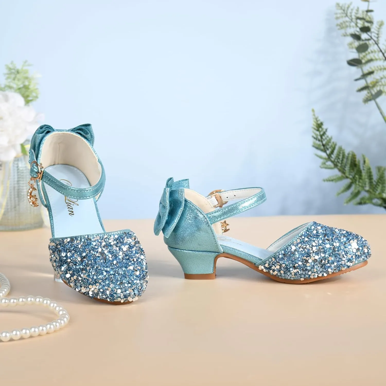 ChuLian Girls Sandals Little Kids Glitter Bow Dress Shoes Crystal Low Heel Sequins Princess Sandals Toddler Flower Wedding Party Shoes