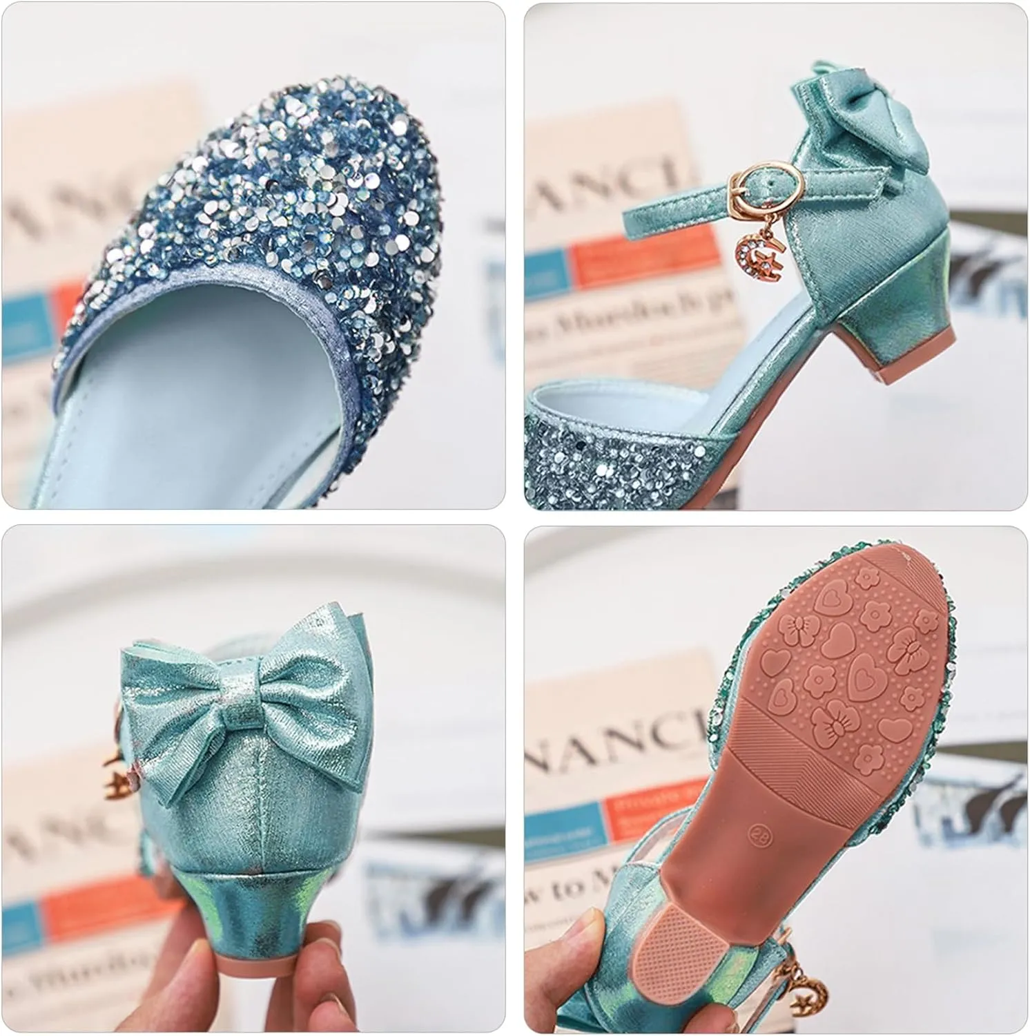 ChuLian Girls Sandals Little Kids Glitter Bow Dress Shoes Crystal Low Heel Sequins Princess Sandals Toddler Flower Wedding Party Shoes