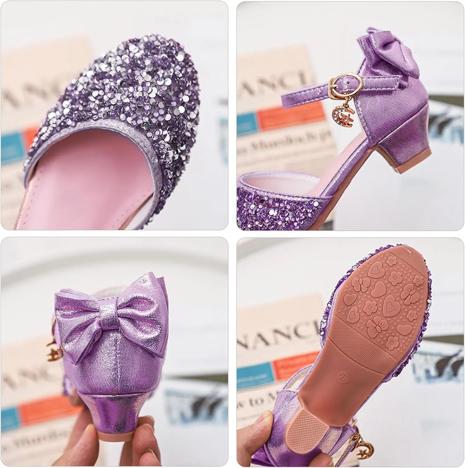 ChuLian Girls Sandals Little Kids Glitter Bow Dress Shoes Crystal Low Heel Sequins Princess Sandals Toddler Flower Wedding Party Shoes