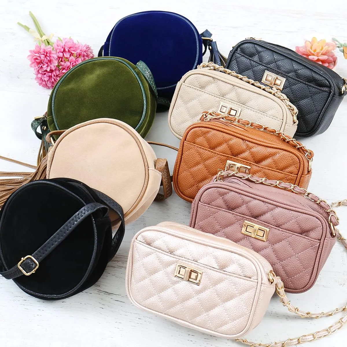 Classic Vegan Leather Crossbody Handbag - Quilted Shoulder Bag Rectangle Camera Travel Purse Satchel, Round Messenger