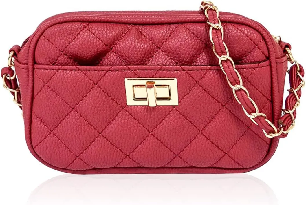 Classic Vegan Leather Crossbody Handbag - Quilted Shoulder Bag Rectangle Camera Travel Purse Satchel, Round Messenger
