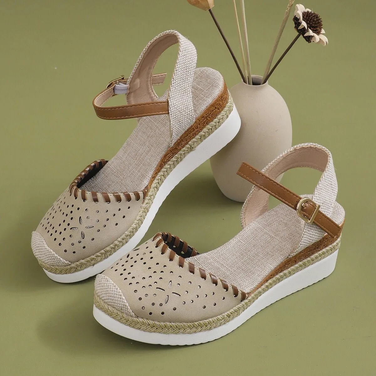 Closed Toe Platform Wedge Sandals, 2025 Espadrilles Wedges for Women Heel Casual, Women's Espadrilles Dressy Sandals, Comfortable Anti Slip Summer Shoes with Adjustable Buckle Ankle Strap