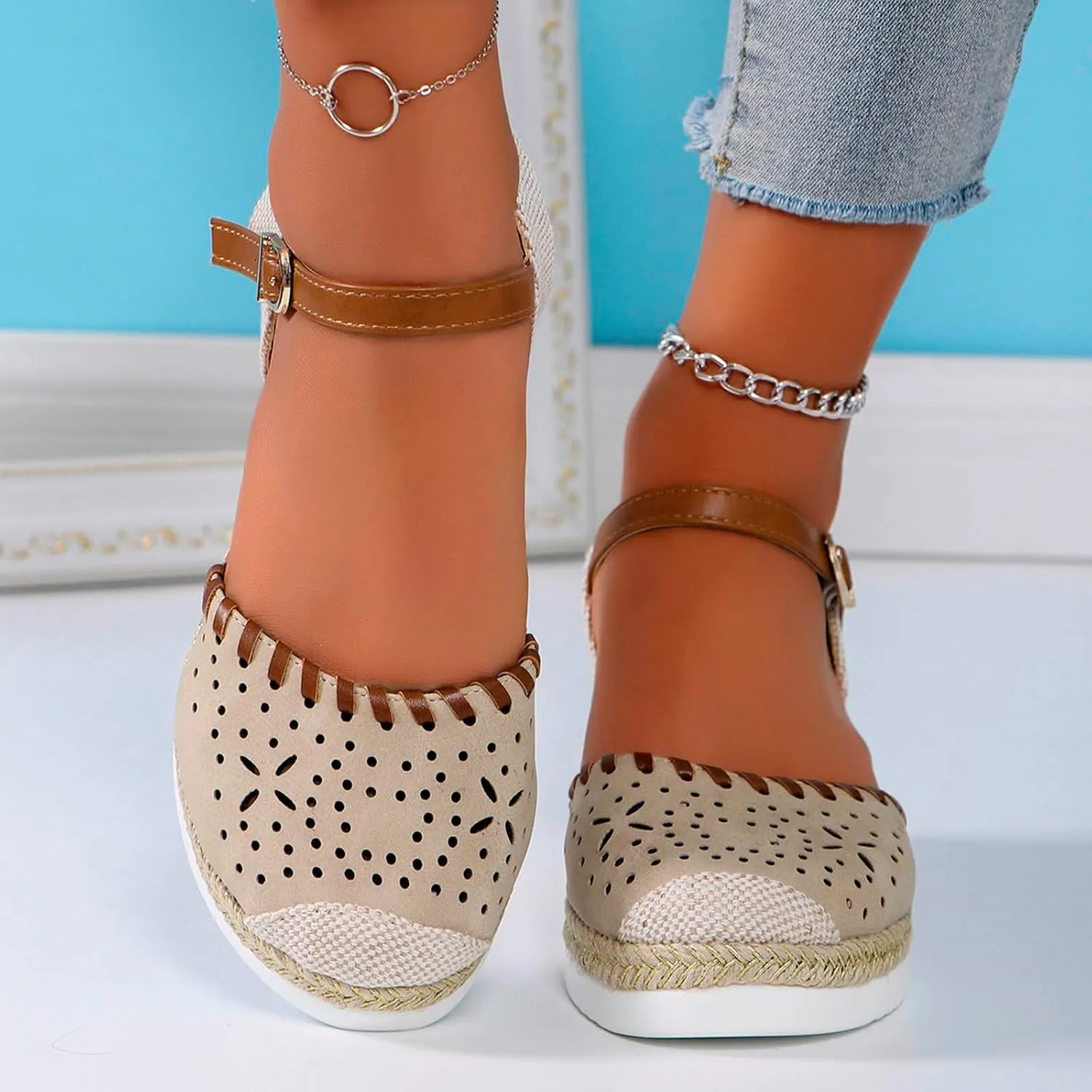Closed Toe Platform Wedge Sandals, 2025 Espadrilles Wedges for Women Heel Casual, Women's Espadrilles Dressy Sandals, Comfortable Anti Slip Summer Shoes with Adjustable Buckle Ankle Strap