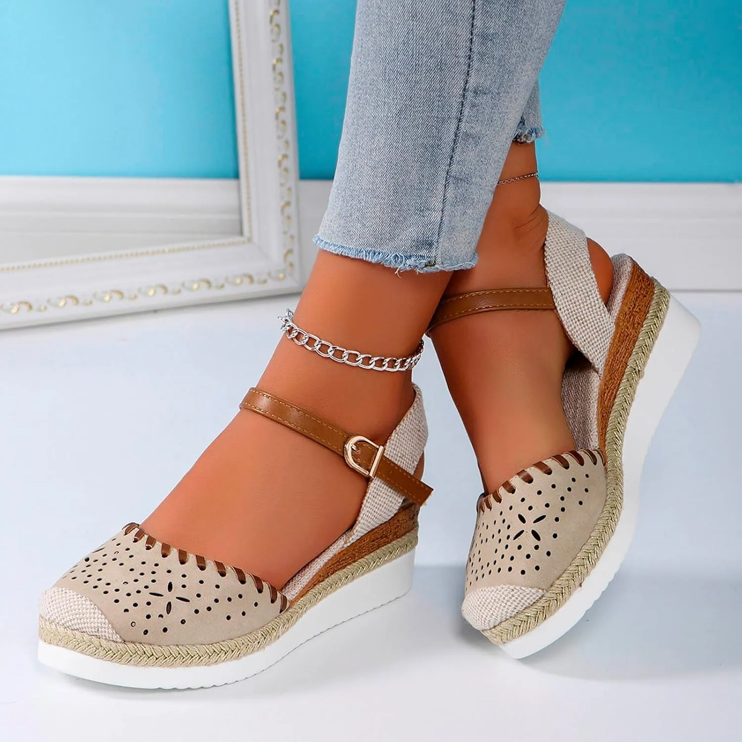 Closed Toe Platform Wedge Sandals, 2025 Espadrilles Wedges for Women Heel Casual, Women's Espadrilles Dressy Sandals, Comfortable Anti Slip Summer Shoes with Adjustable Buckle Ankle Strap