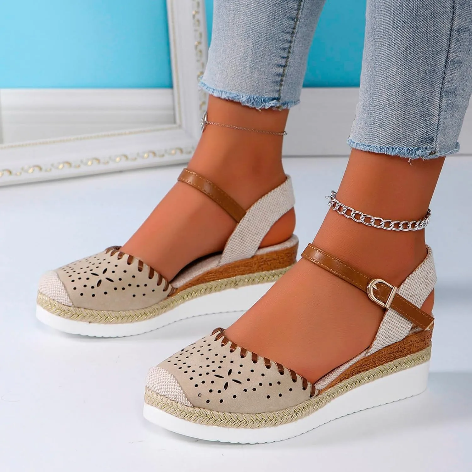Closed Toe Platform Wedge Sandals, 2025 Espadrilles Wedges for Women Heel Casual, Women's Espadrilles Dressy Sandals, Comfortable Anti Slip Summer Shoes with Adjustable Buckle Ankle Strap