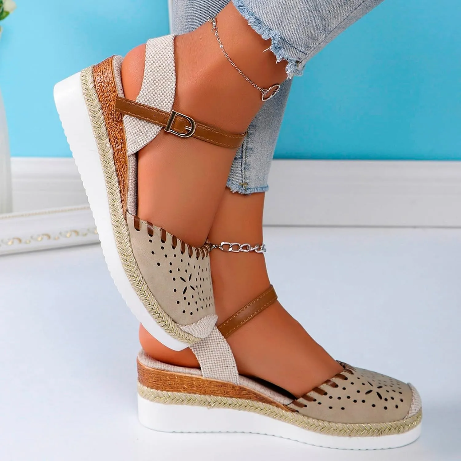 Closed Toe Platform Wedge Sandals, 2025 Espadrilles Wedges for Women Heel Casual, Women's Espadrilles Dressy Sandals, Comfortable Anti Slip Summer Shoes with Adjustable Buckle Ankle Strap