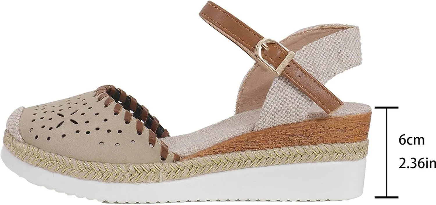 Closed Toe Platform Wedge Sandals, 2025 Espadrilles Wedges for Women Heel Casual, Women's Espadrilles Dressy Sandals, Comfortable Anti Slip Summer Shoes with Adjustable Buckle Ankle Strap