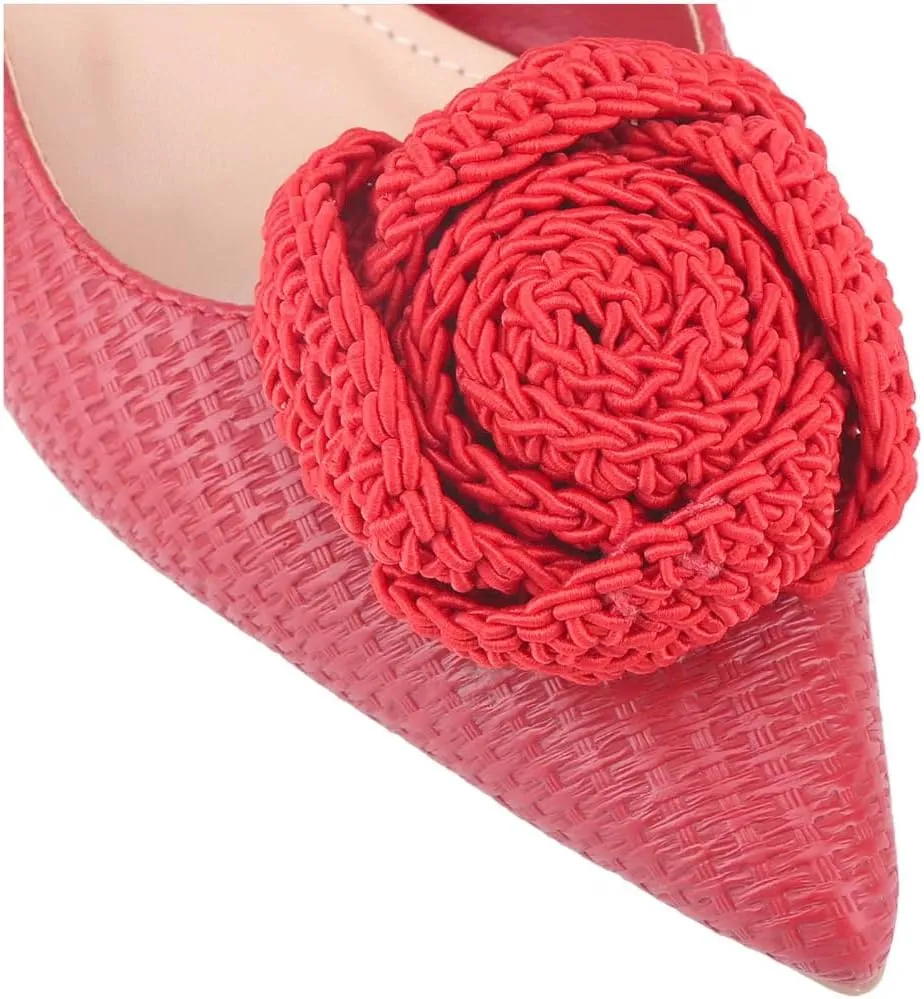 CLOVERLAY Women's Woven Braided Pointed Toe Slingback Flats Low Wedge Heel Raffia Flower Slip-On Heel Pump Summer Elegant Basics Business Casual Business Chic Spring Shoes Spring Break Easter