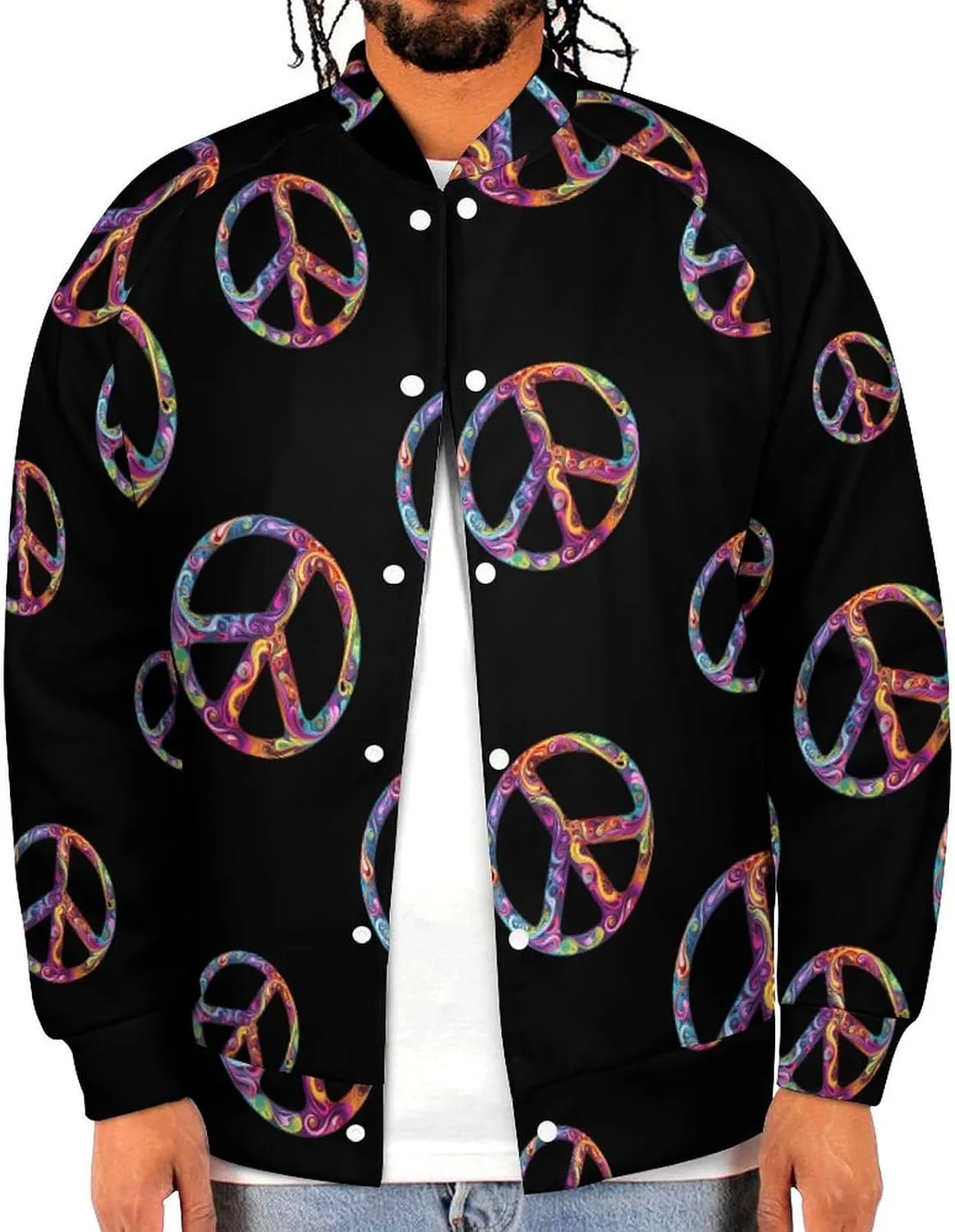 Colorful Peace Sign Psychedelic Men's Baseball Bomber Lightweight Jacket Casual Coats Streetwear