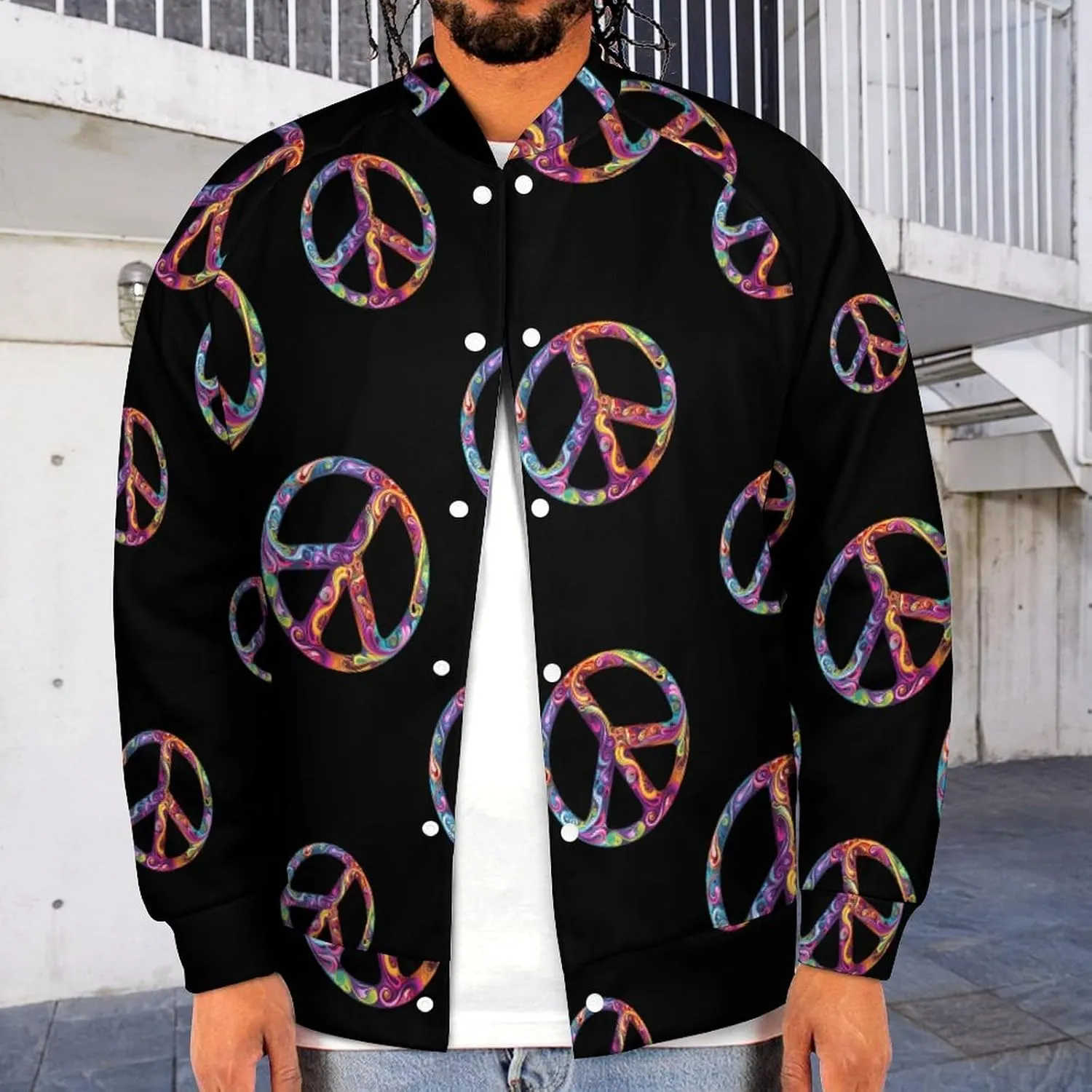 Colorful Peace Sign Psychedelic Men's Baseball Bomber Lightweight Jacket Casual Coats Streetwear