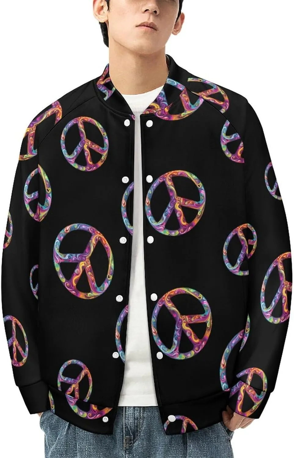 Colorful Peace Sign Psychedelic Men's Baseball Bomber Lightweight Jacket Casual Coats Streetwear