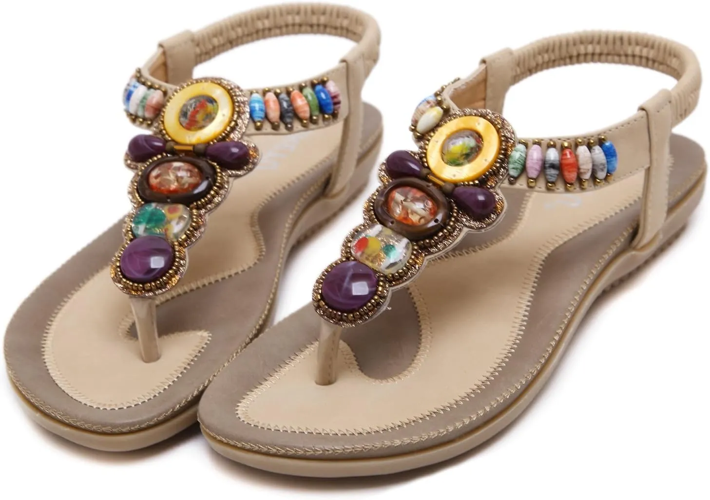 Colorful Summer Vacation T Strap Flat Sandals Open Toe Thongs Jewels Gem Candy Beaded Prime Shoes