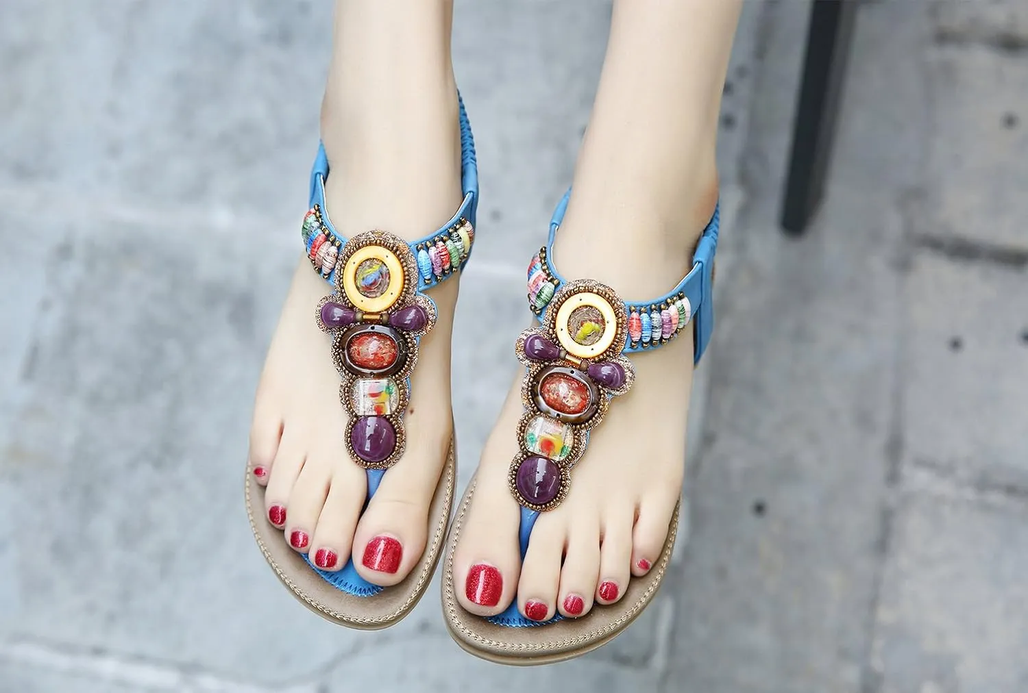 Colorful Summer Vacation T Strap Flat Sandals Open Toe Thongs Jewels Gem Candy Beaded Prime Shoes