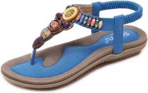 Colorful Summer Vacation T Strap Flat Sandals Open Toe Thongs Jewels Gem Candy Beaded Prime Shoes