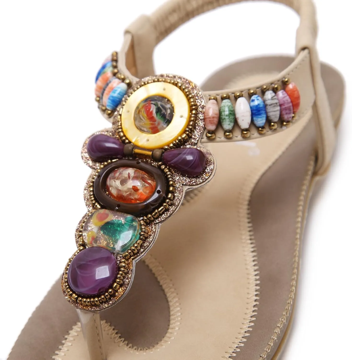 Colorful Summer Vacation T Strap Flat Sandals Open Toe Thongs Jewels Gem Candy Beaded Prime Shoes