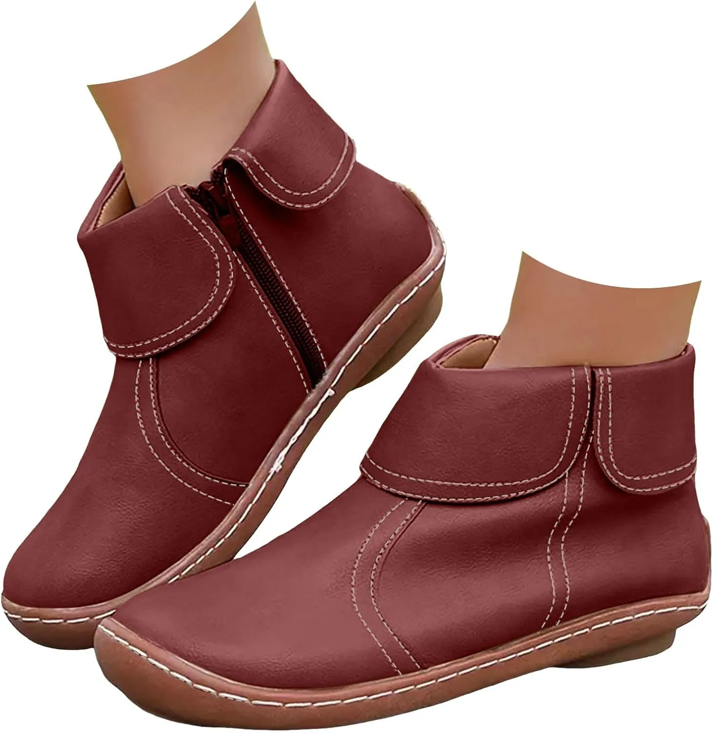 Comfortable Boots for Women Walking Leather Women Ankle Boot Comfy Fashion Round Toe Soft Sole Flat Rubble Women Boot