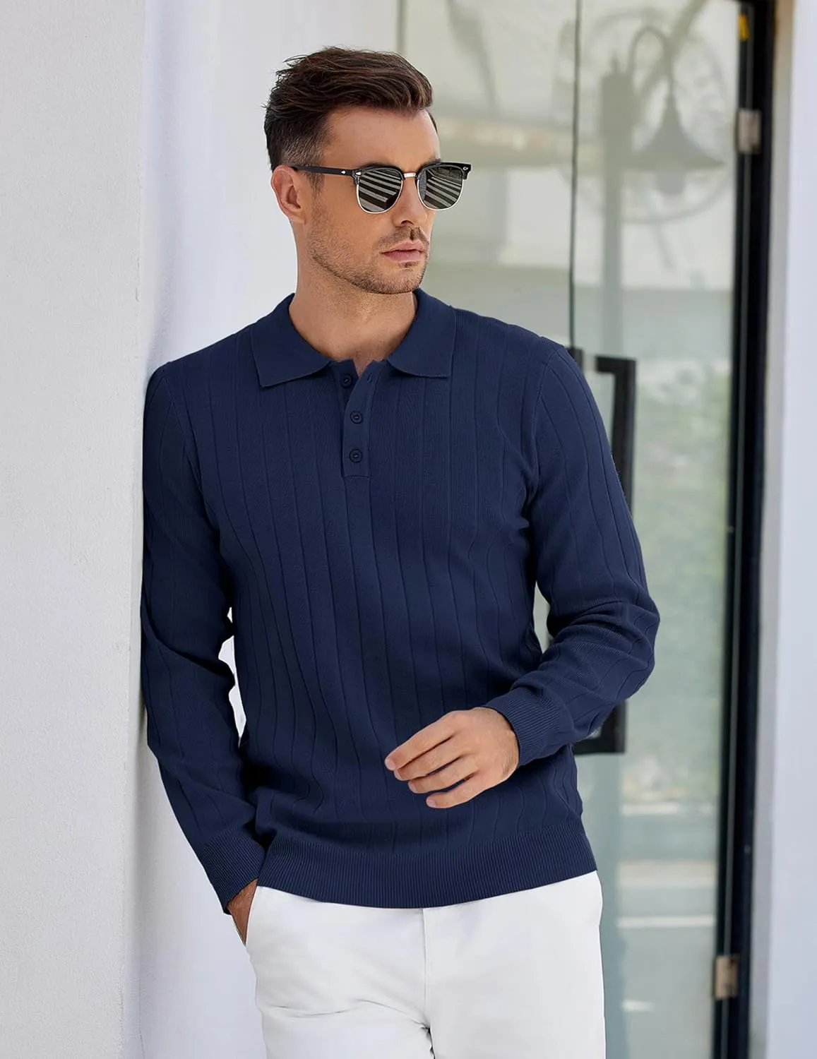 COOFANDY Mens Knit Polo Sweater Long Sleeve Polos Lightweight Casual Dress Pullover Sweaters