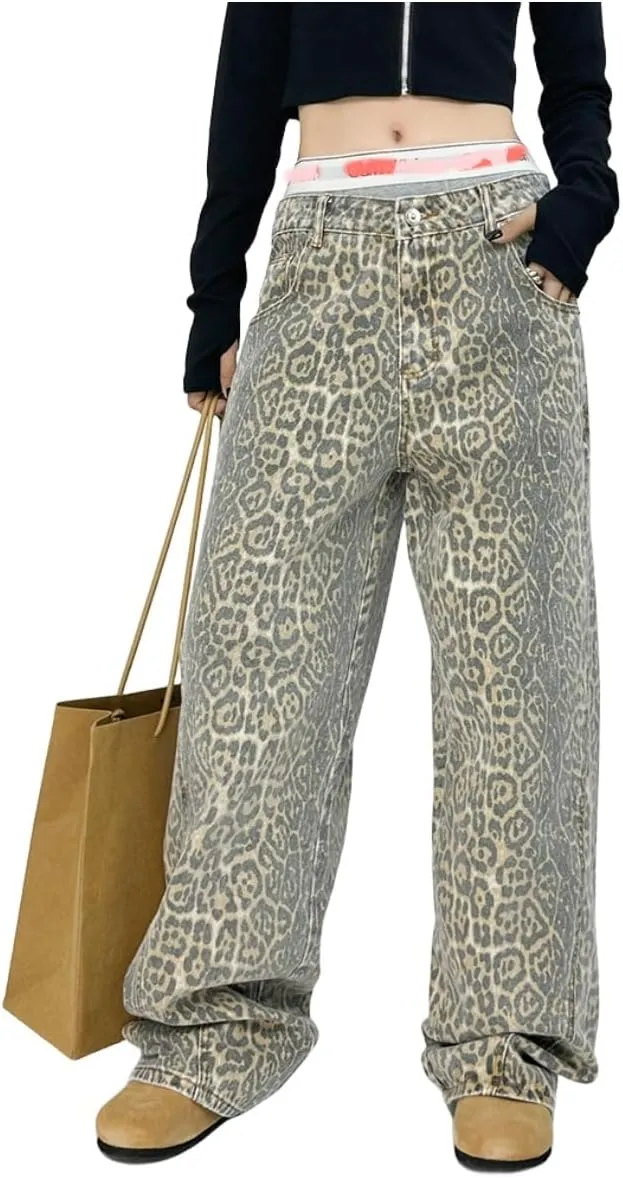 COOLMONAR Women's Y2K Leopard Print Jeans Chic Street Style Wide Leg Denim Pants Retro Hip Hop Loose Trouser