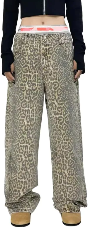 COOLMONAR Women's Y2K Leopard Print Jeans Chic Street Style Wide Leg Denim Pants Retro Hip Hop Loose Trouser