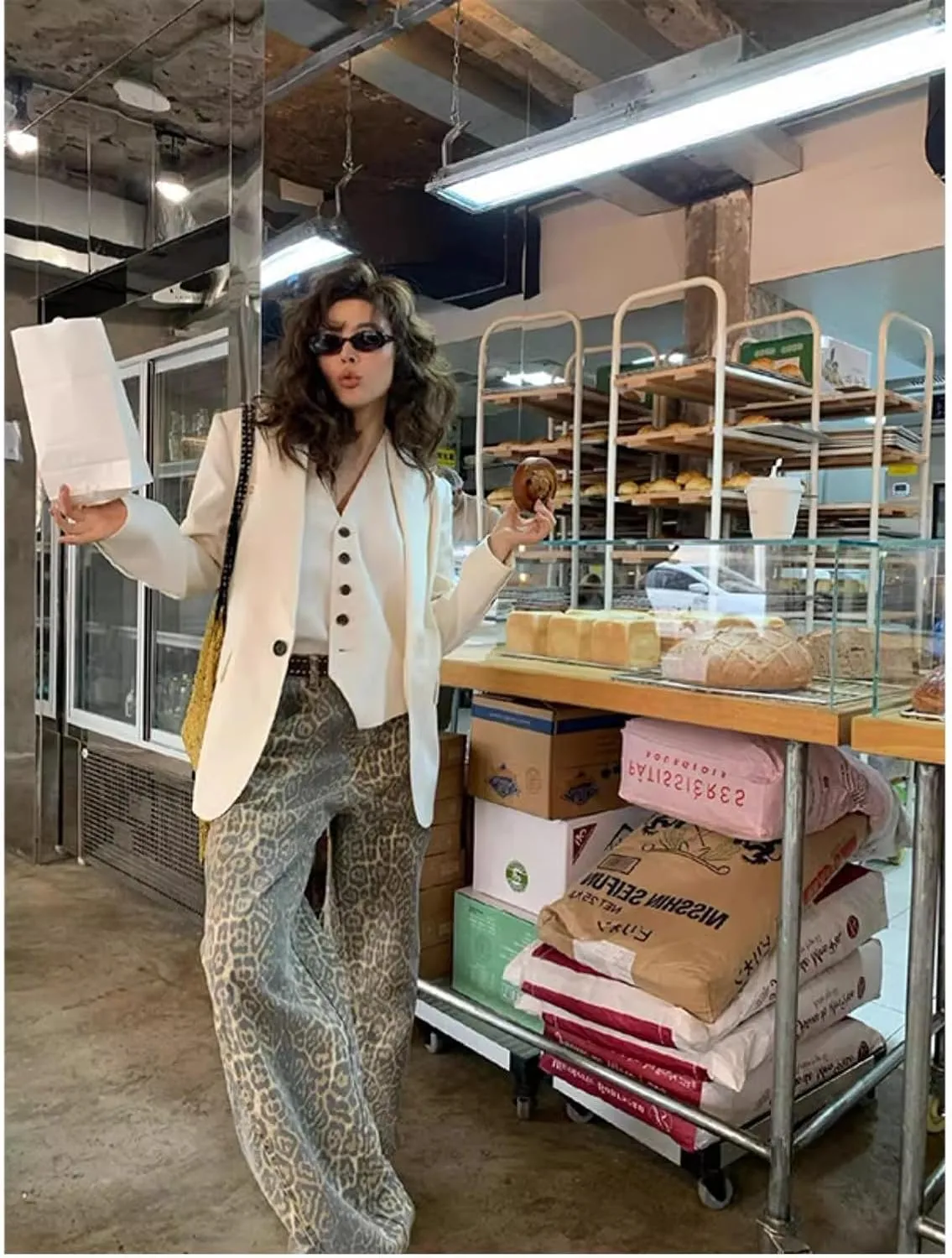 COOLMONAR Women's Y2K Leopard Print Jeans Chic Street Style Wide Leg Denim Pants Retro Hip Hop Loose Trouser