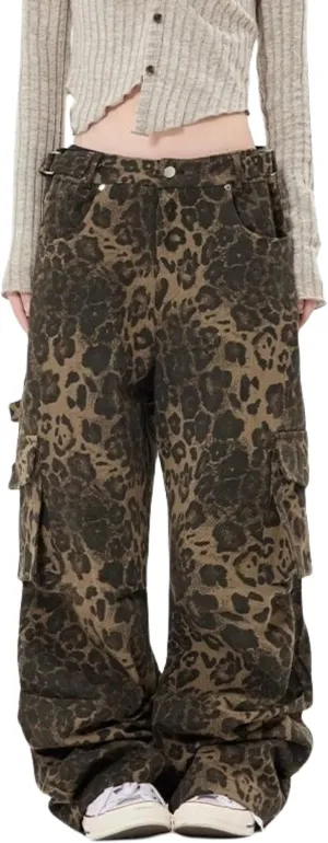 COOLMONAR Women's Y2K Leopard Print Jeans Chic Street Style Wide Leg Denim Pants Retro Hip Hop Loose Trouser