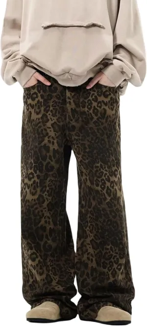 COOLMONAR Women's Y2K Leopard Print Jeans Chic Street Style Wide Leg Denim Pants Retro Hip Hop Loose Trouser