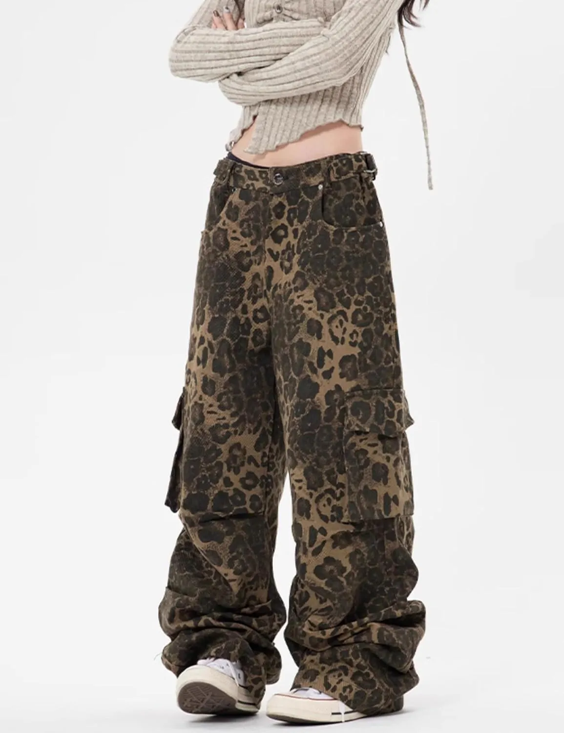 COOLMONAR Women's Y2K Leopard Print Jeans Chic Street Style Wide Leg Denim Pants Retro Hip Hop Loose Trouser