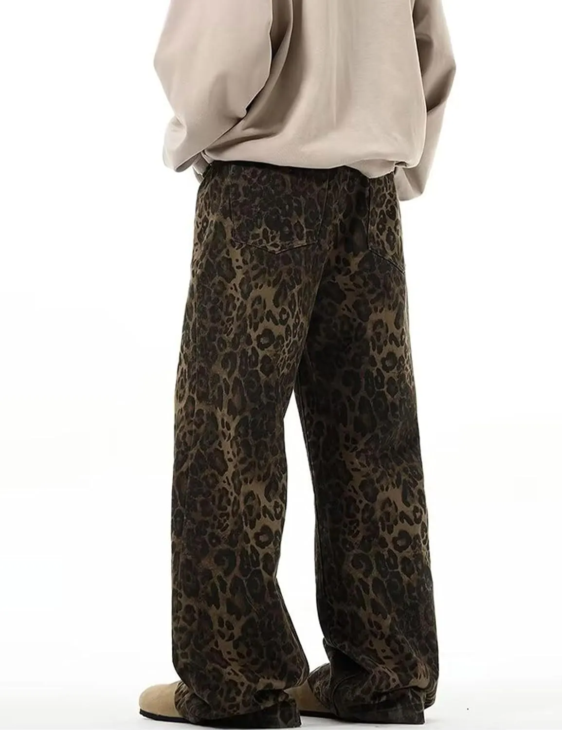 COOLMONAR Women's Y2K Leopard Print Jeans Chic Street Style Wide Leg Denim Pants Retro Hip Hop Loose Trouser