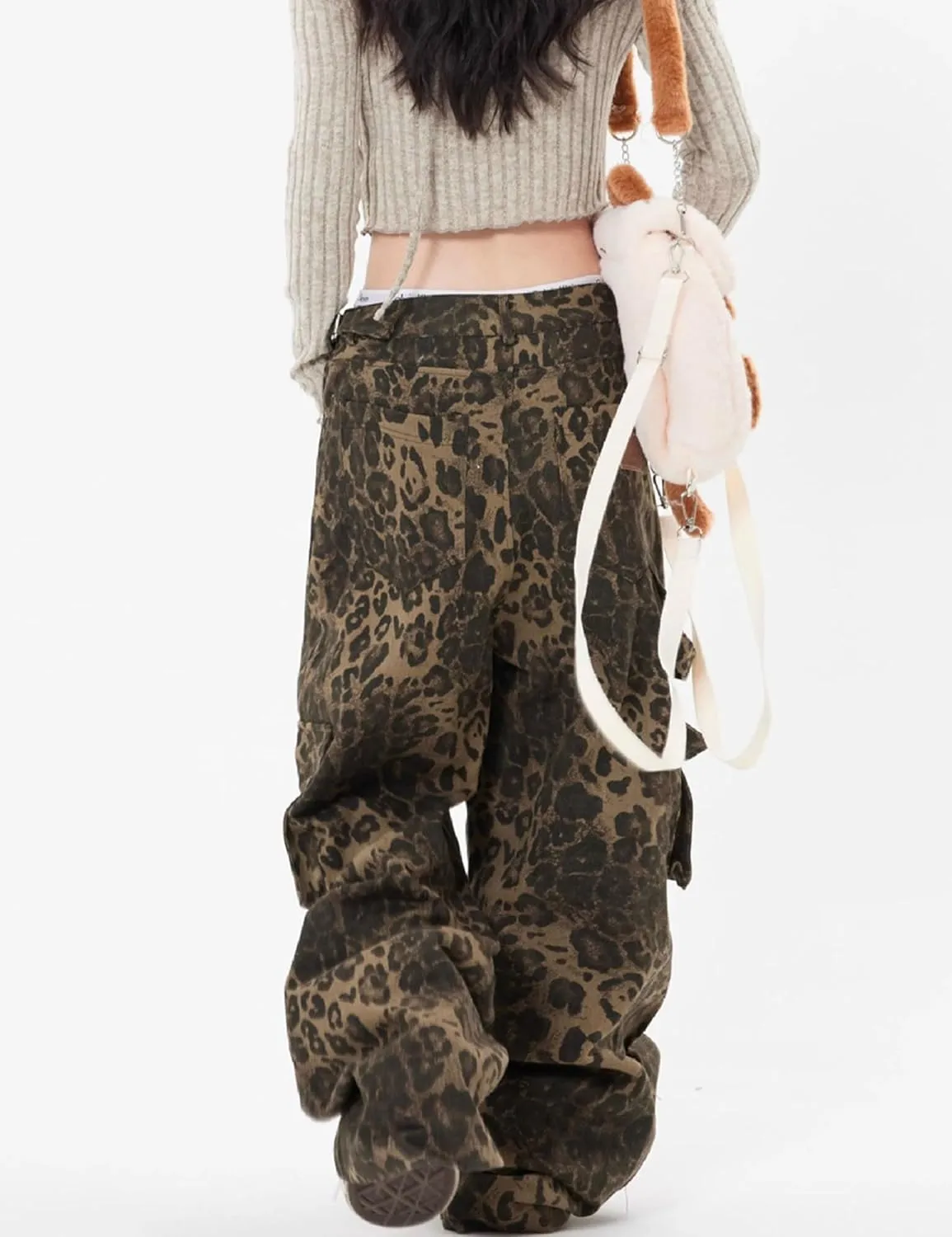 COOLMONAR Women's Y2K Leopard Print Jeans Chic Street Style Wide Leg Denim Pants Retro Hip Hop Loose Trouser