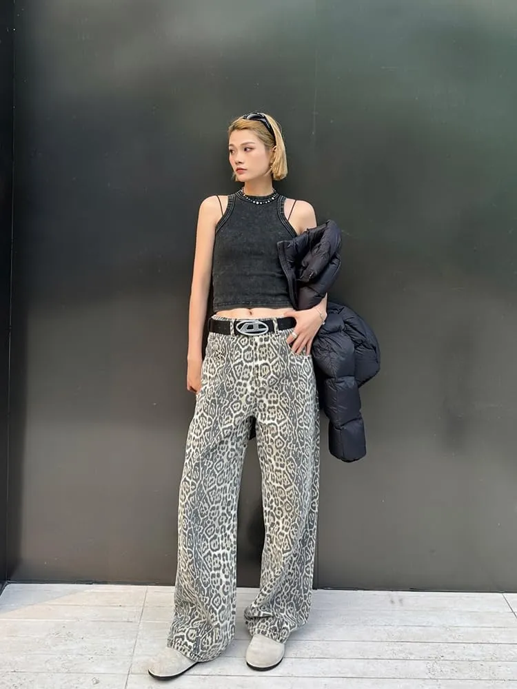 COOLMONAR Women's Y2K Leopard Print Jeans Chic Street Style Wide Leg Denim Pants Retro Hip Hop Loose Trouser