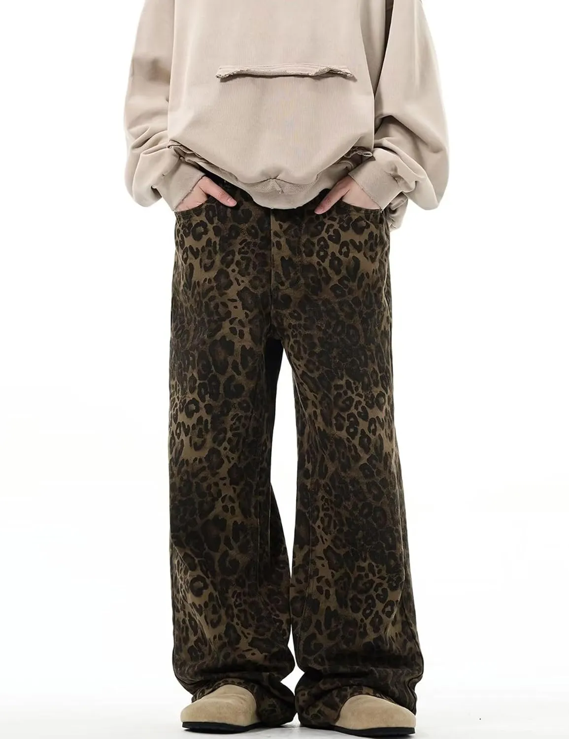 COOLMONAR Women's Y2K Leopard Print Jeans Chic Street Style Wide Leg Denim Pants Retro Hip Hop Loose Trouser